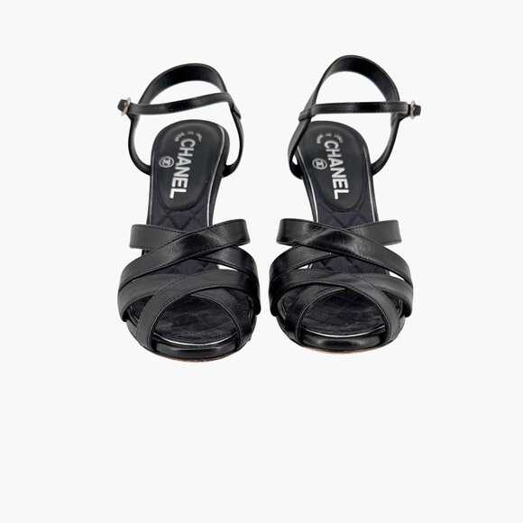 Chanel Black Leather Crystal CC Strappy Heeled Sandals Shoes Size 37 US 6–6.5 - Picture 4 of 13